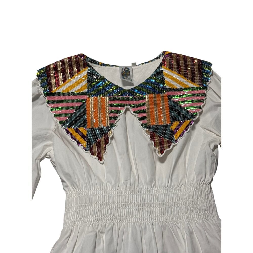 Queen of Sparkles Mini Dress Womens S White Sequin Wide Collar Smocked Waist - Picture 10 of 16